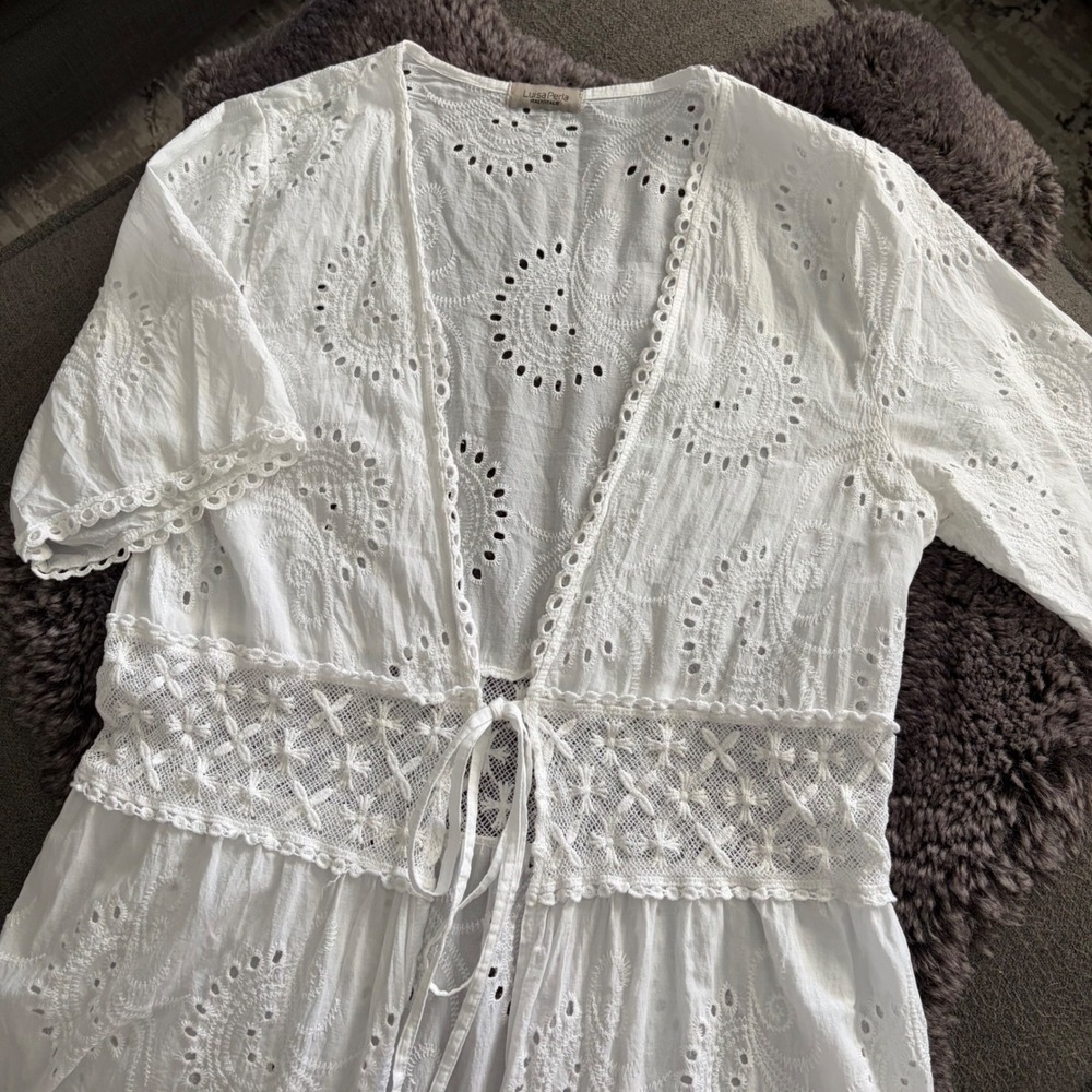 Luisa Perla Italy White Cotton Eyelet Lace Maxi Duster Coverup Tie Front One Sz